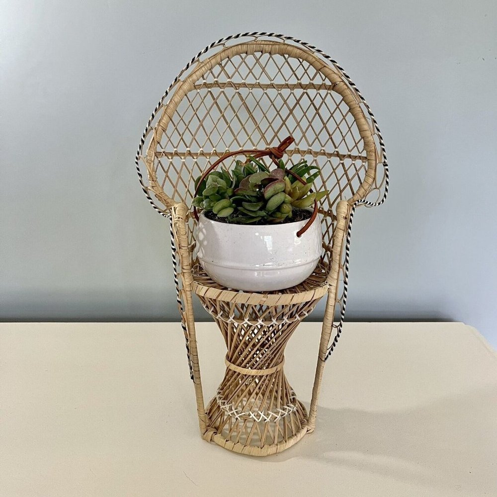 Vintage Mini Peacock Wicker Fan Back Rattan Chair 16” Doll Chair Plant Stand
